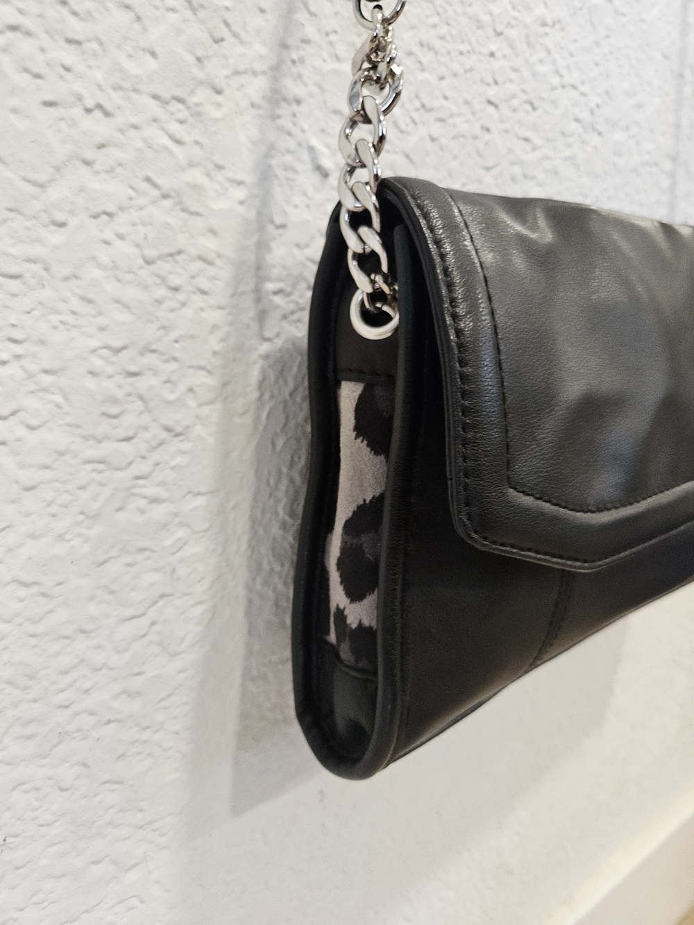 Tignanello Black Leather Foldover Crossbody Bag with Leopard Accent